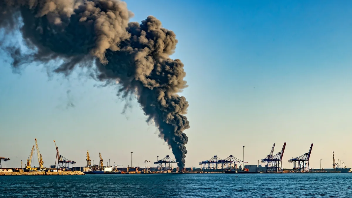Generic image of a large column of black smoke over an industrial port.