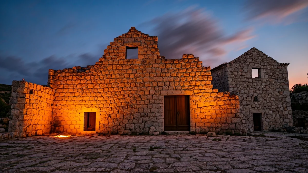 Generic image of an old ruined building with signs of a recent fire at dusk.