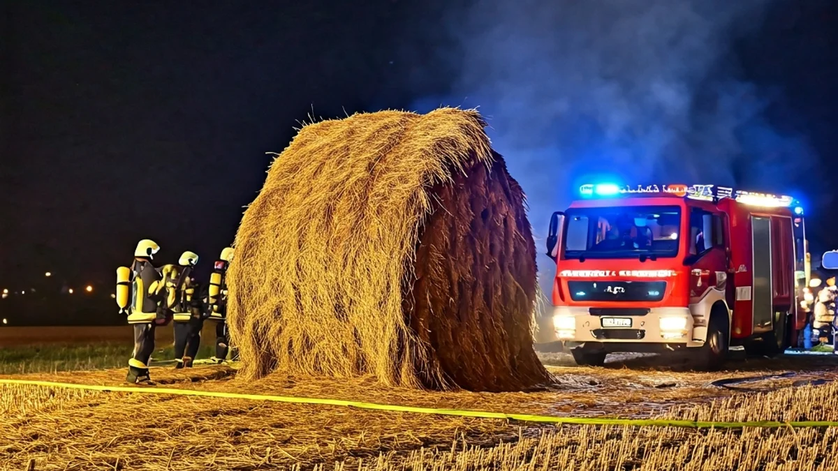 Generic image of a haystack fire on a farm with firefighters working.