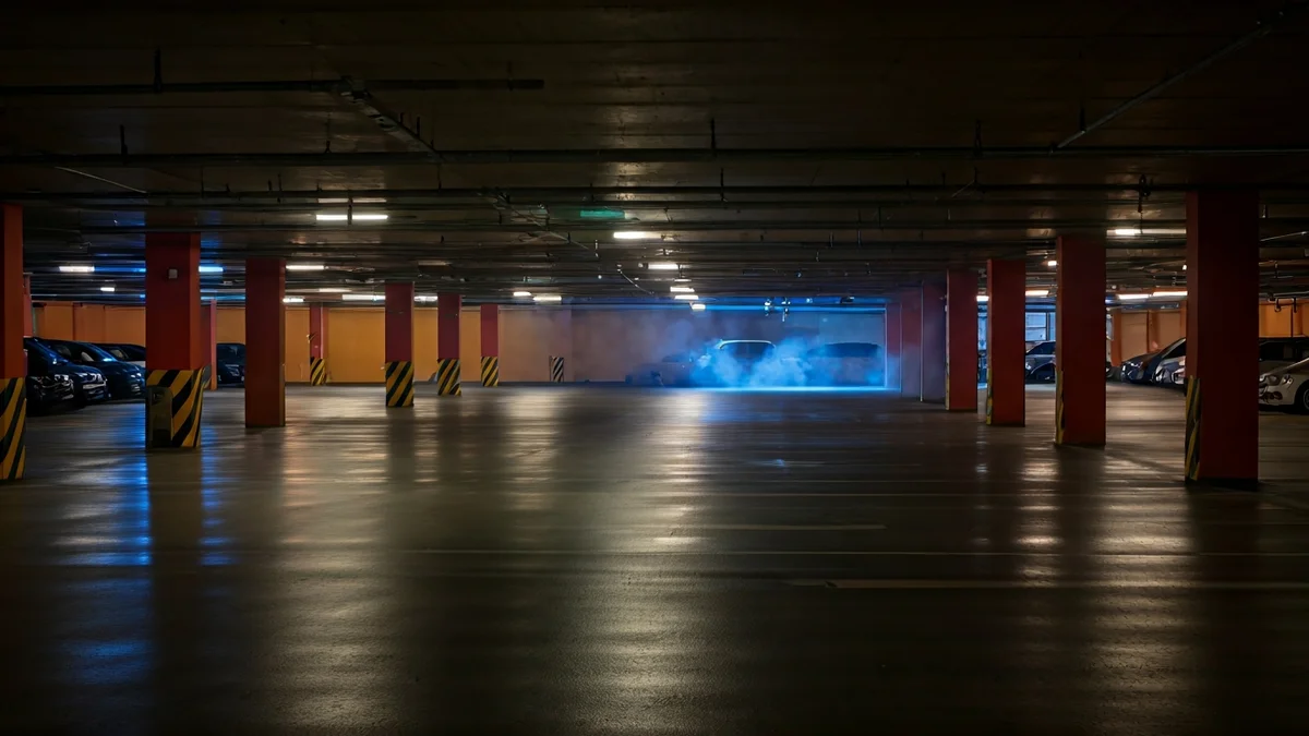 Imatge genèrica d'un pàrquing amb fum i llums d'emergència