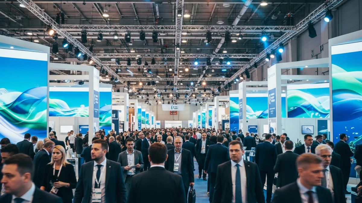 Generic image of a professional hospitality trade fair with exhibitors and visitors.