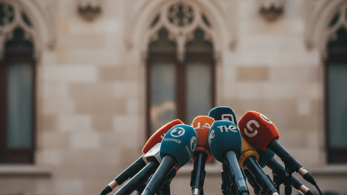 Imagen genérica de unos micrófonos en una sala de prensa institucional.