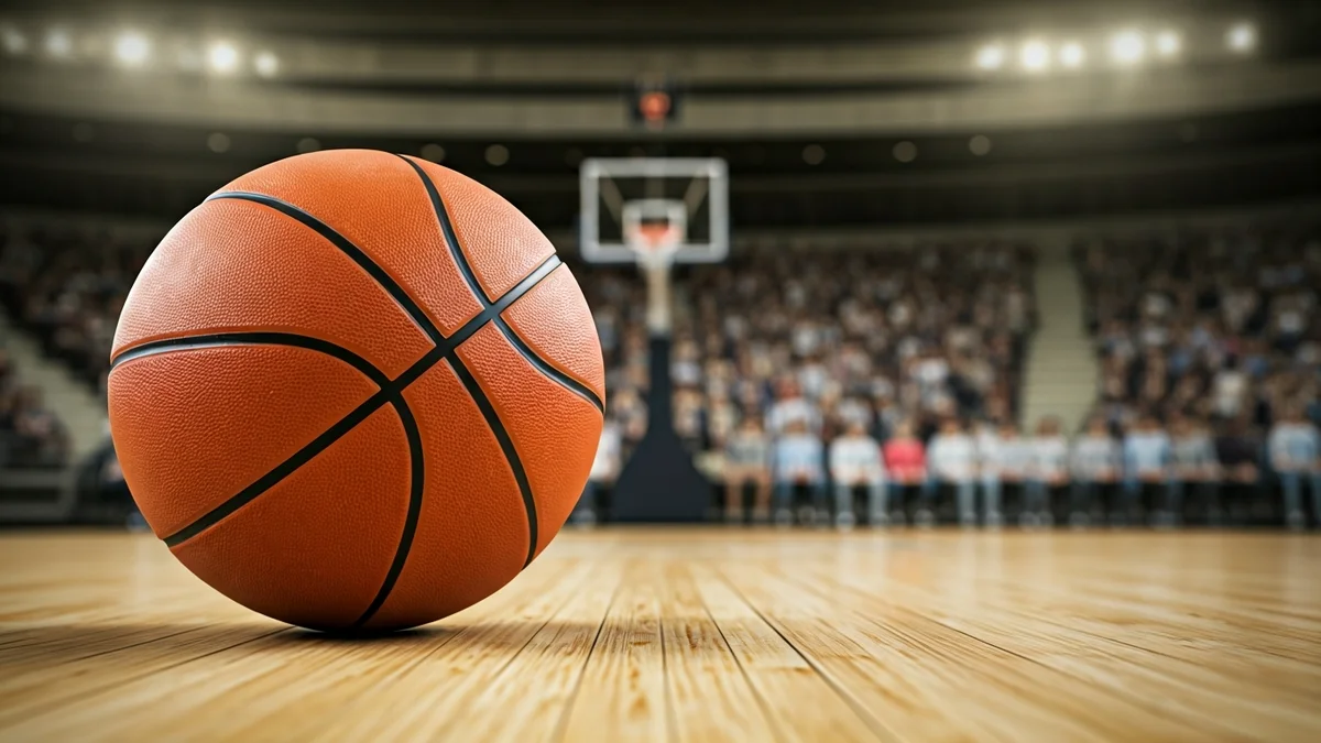 Generic image of a basketball on a court, with a blurred crowd in the background.
