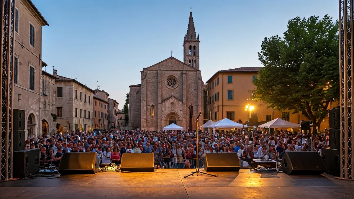 Imatge genèrica d'un escenari de jazz a l'aire lliure, amb edificis històrics al fons i llums càlides.