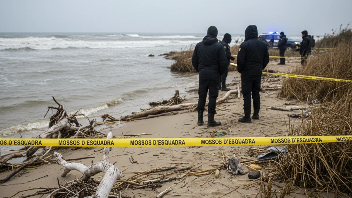 Imatge genèrica de la desembocadura d'un riu amb restes arrossegades pel temporal i llums policials al fons.