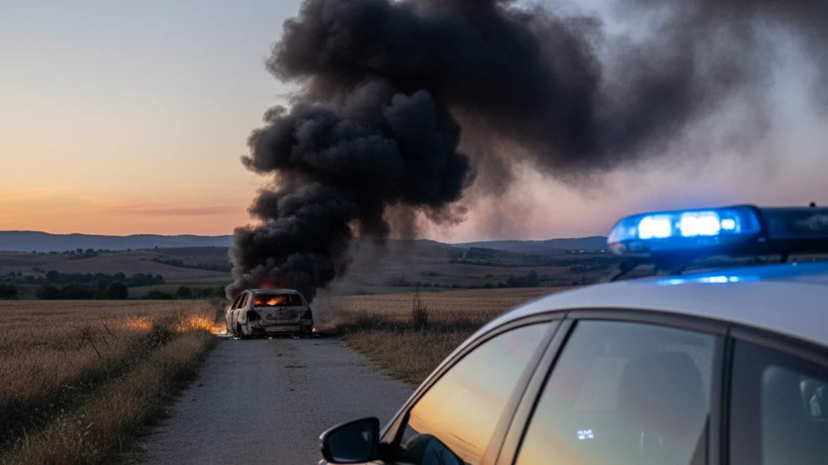 Imatge genèrica d'un vehicle dels Mossos d'Esquadra en una zona rural amb fum al fons.