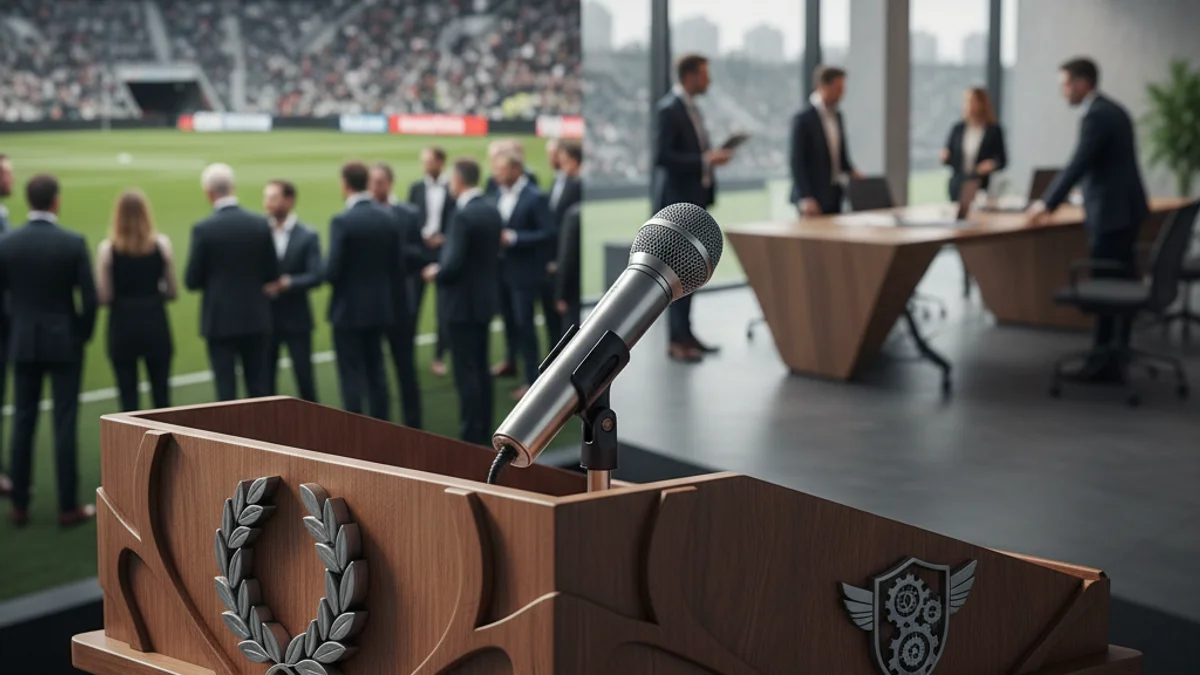 Imatge genèrica d'un micròfon en un podi davant d'un estadi.