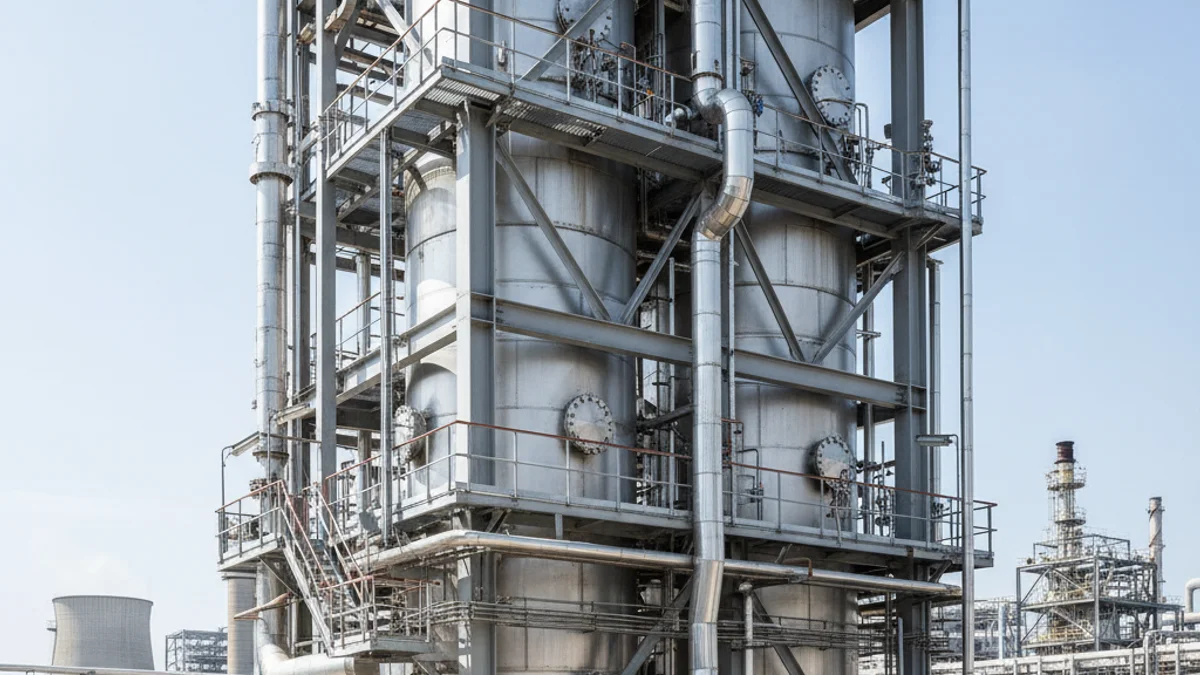 Imatge genèrica d'una unitat de producció química amb reactors i canonades industrials.