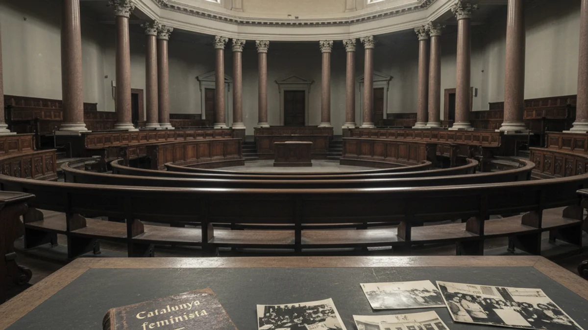 Imatge genèrica d'un llibre d'història sobre una taula de fusta en un paranimf universitari buit.