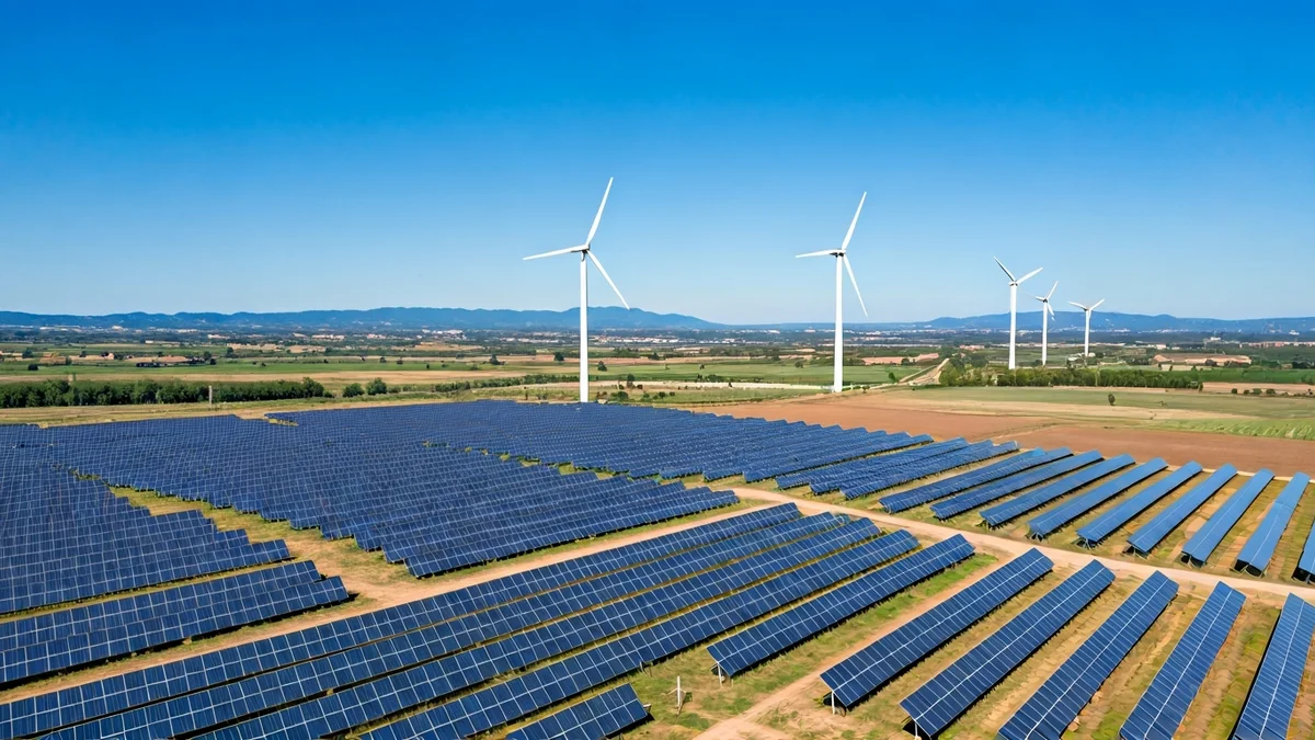 Imagen genérica de un paisaje rural catalán con paneles solares y molinos de viento, simbolizando el impacto de las energías renovables.