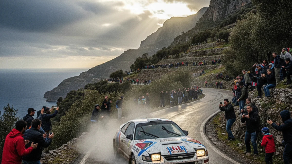 Imatge genèrica d'un cotxe de ral·li clàssic competint en una carretera mullada entre muntanyes.