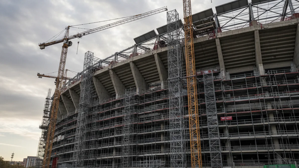 Imagen genérica de las obras de remodelación de un gran estadio de fútbol con grúas.