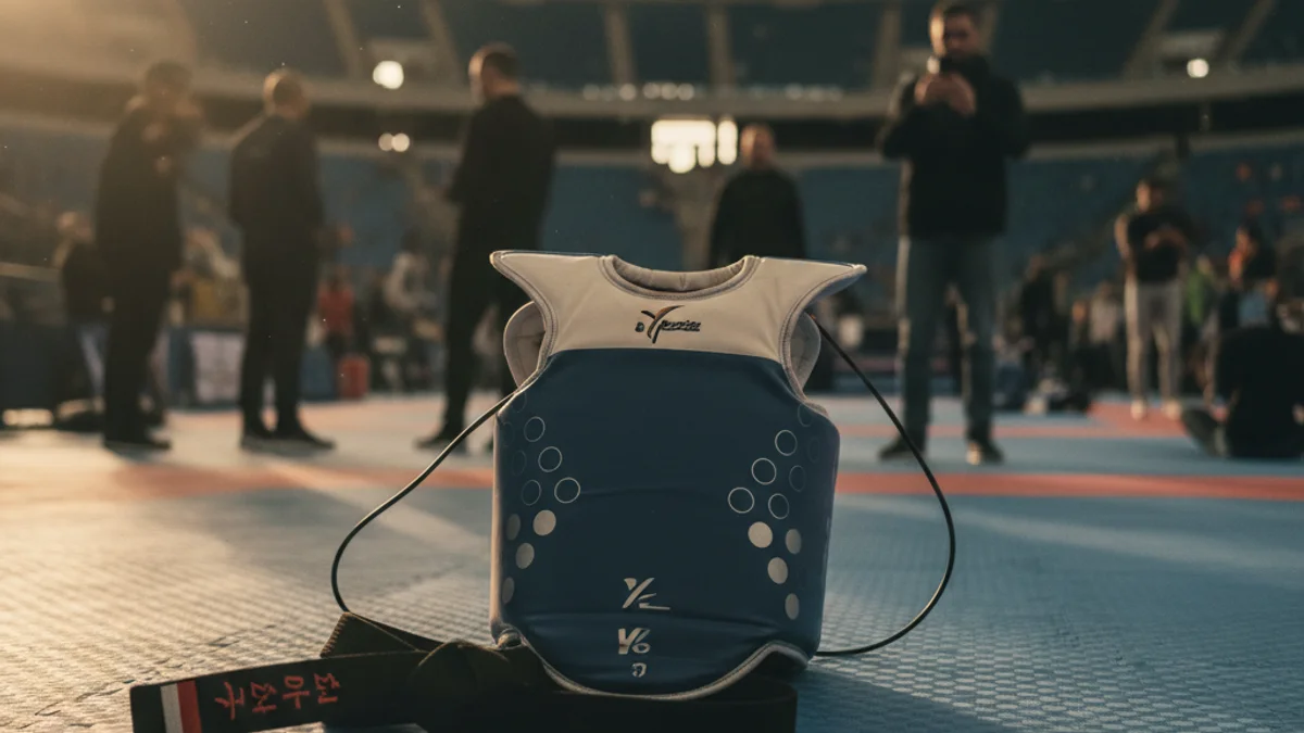 Imagen genérica de un protector de pecho y un cinturón de taekwondo sobre un tatami de competición.