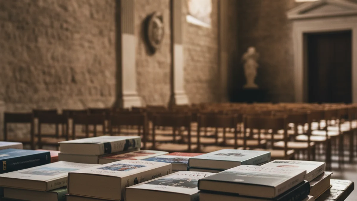 Imagen genérica de unos libros preparados para una presentación literaria en una sala institucional.