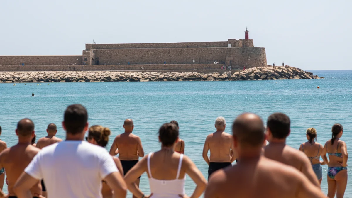 Imagen genérica de una playa mediterránea con un letrero pirotécnico en el espigón durante el montaje de un espectáculo de fuegos artificiales.