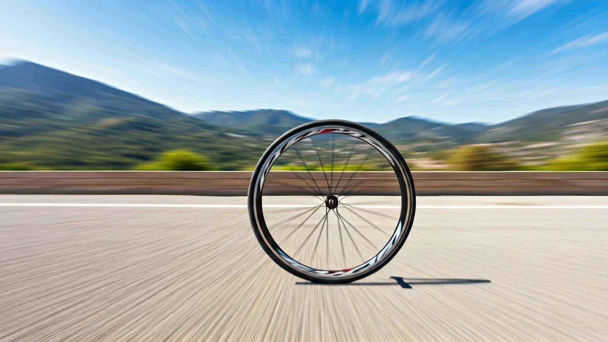 Imatge genèrica d'una roda de bicicleta de carretera en moviment amb un paisatge muntanyós de fons.