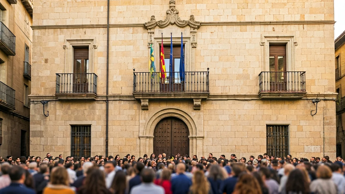 Imatge genèrica de la façana d'un ajuntament català amb balcó i gent a la plaça.