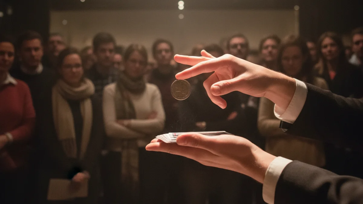 Imatge genèrica d'un espectacle de màgia de prop en un espai íntim amb públic.