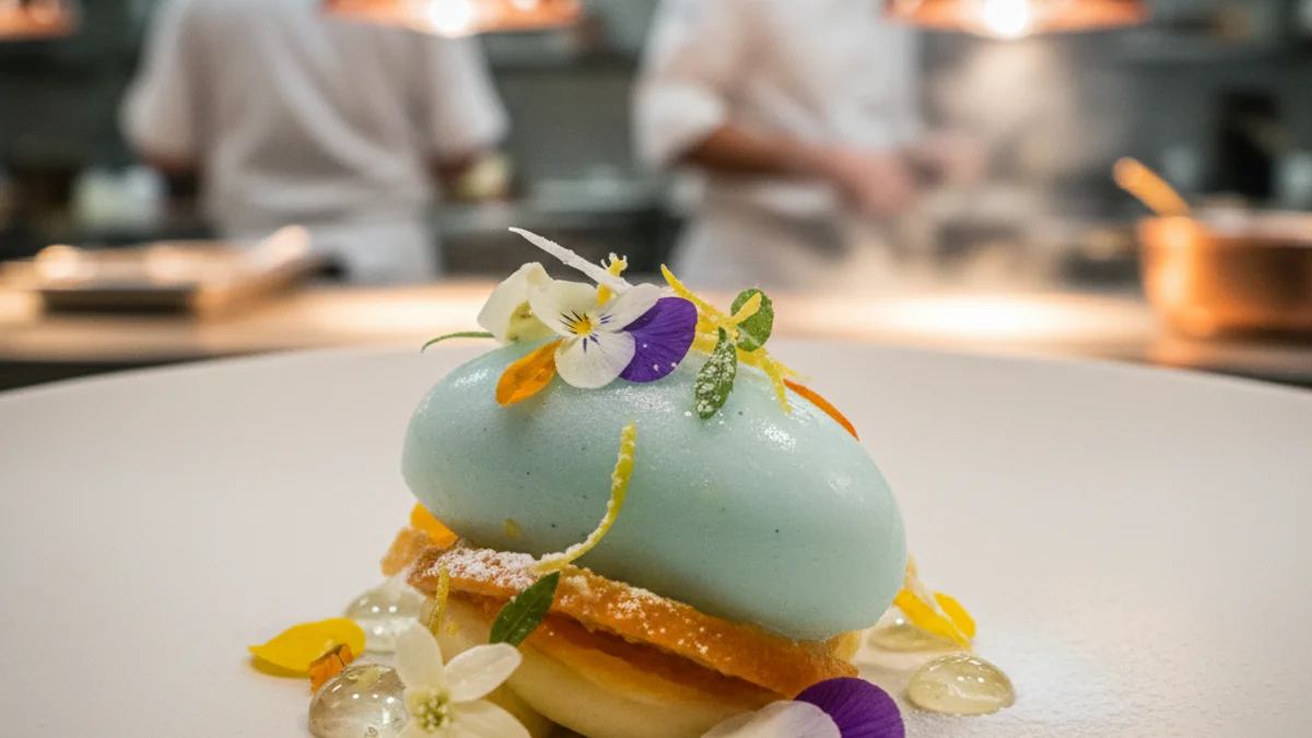 Imatge genèrica d'unes postres d'alta cuina amb textures de cítrics i flors.