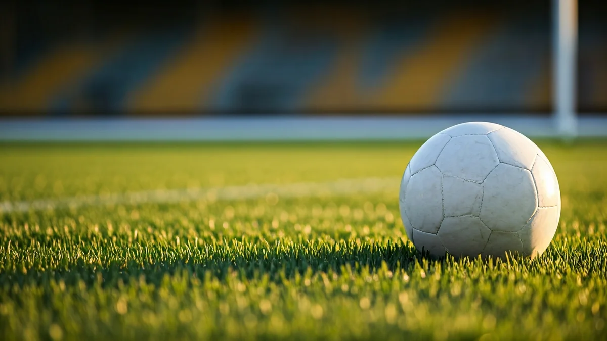 Generic image of a soccer ball on a grass field with a goal net in the background.
