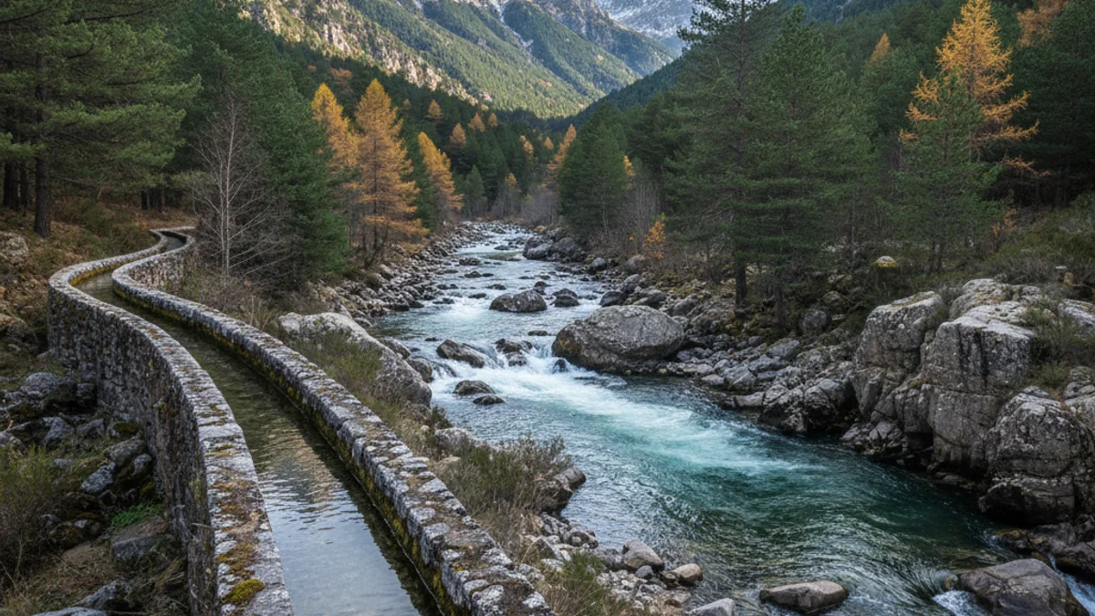 Imatge genèrica d'un canal de reg i un riu de muntanya a la zona dels Pirineus.