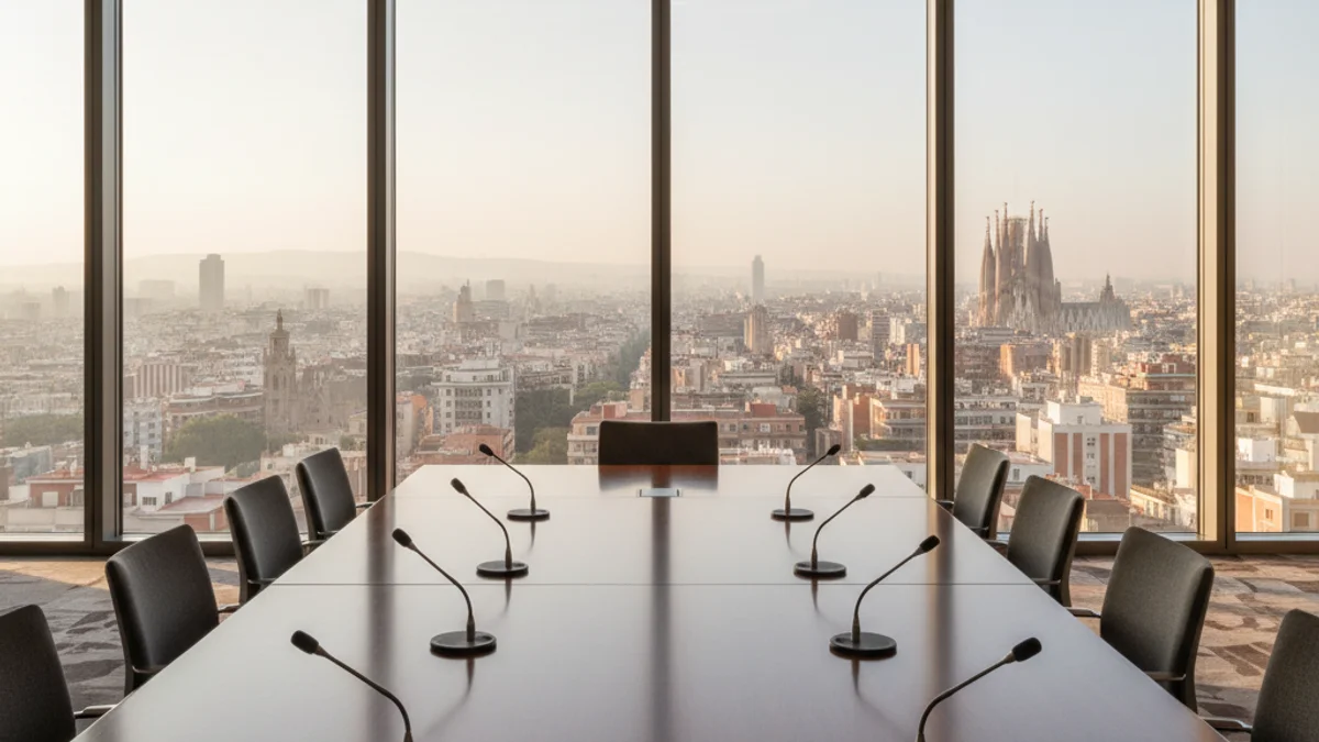 Imatge genèrica d'una sala de juntes amb vistes a la ciutat de Barcelona.