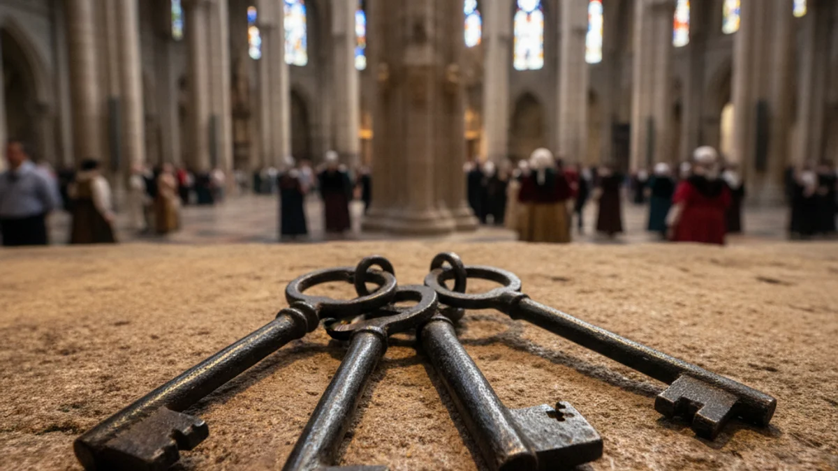 Imatge genèrica d'unes claus antigues sobre una superfície de pedra en una catedral.