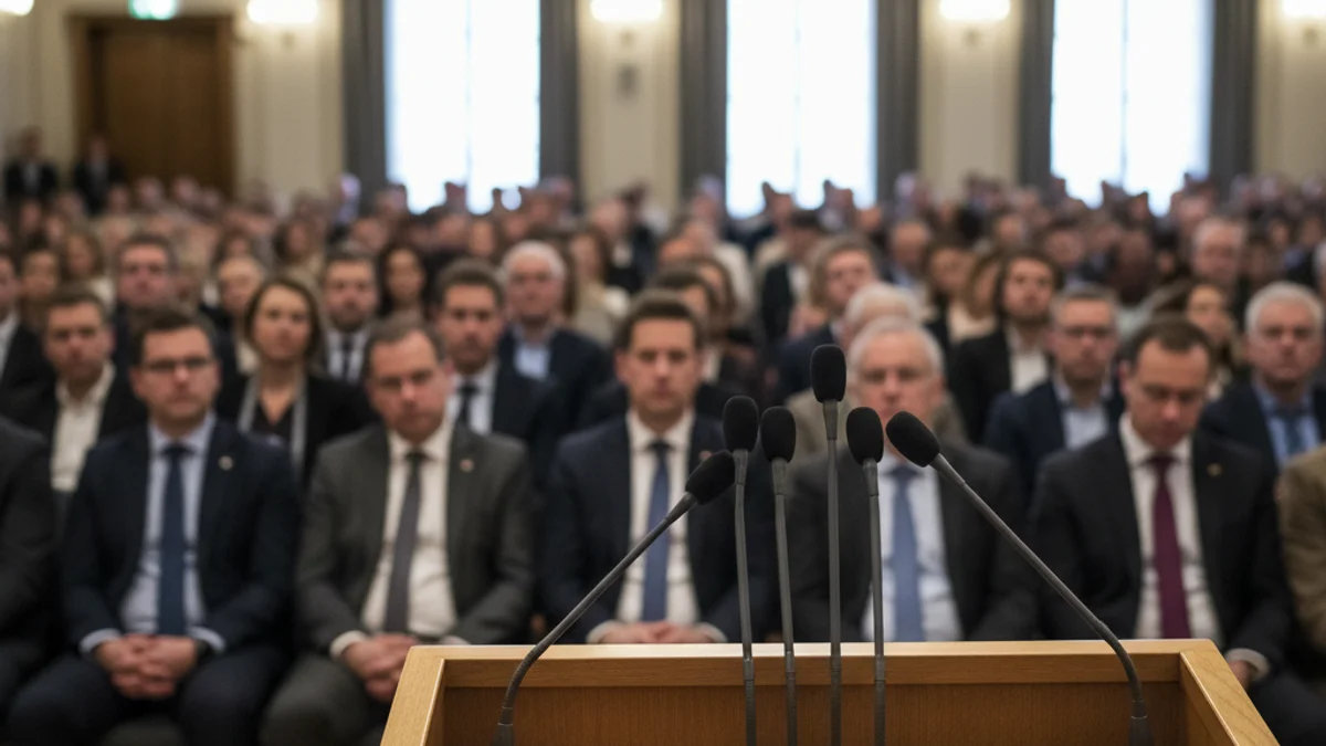 Imatge genèrica d'un podi amb micròfons en una sala de conferències.