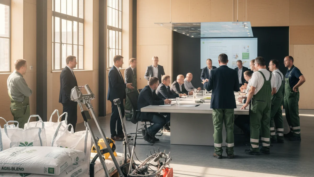 Imagen genérica de una cooperativa agrícola con sacos de abono y maquinaria.