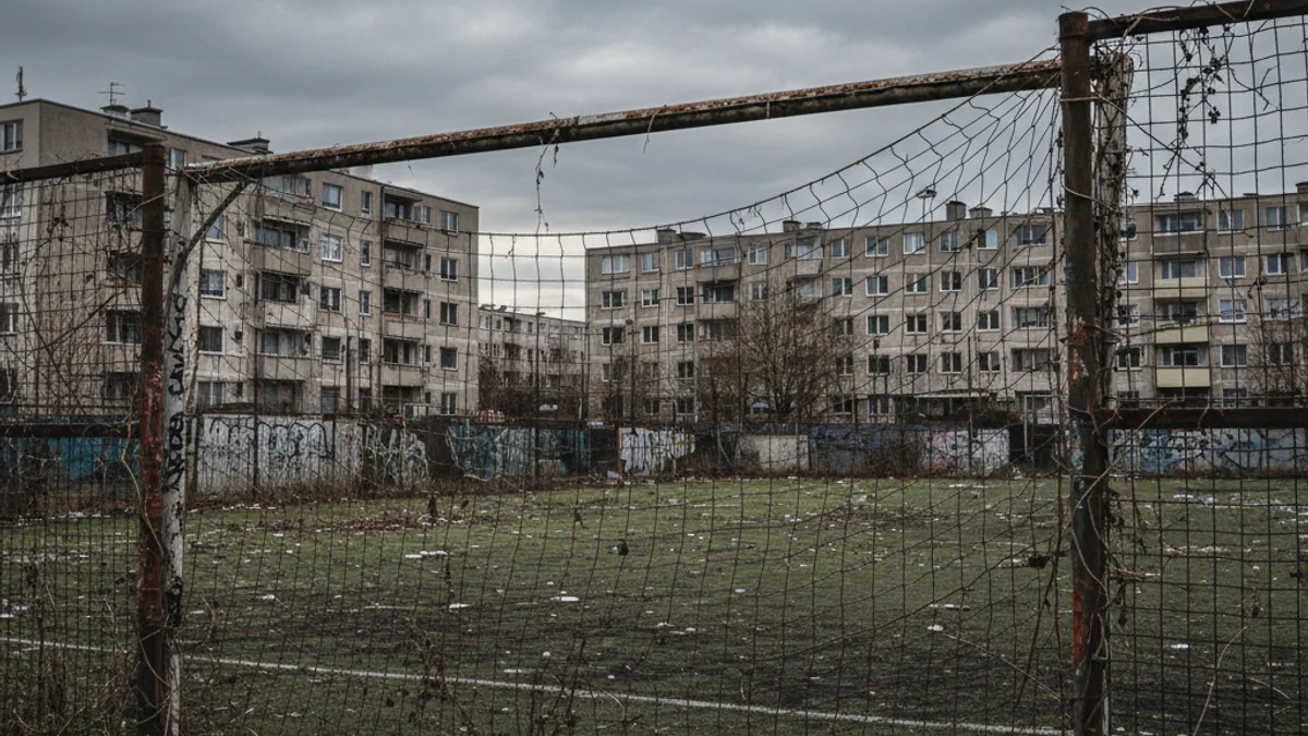 Generic image of a deteriorated outdoor sports court with damaged fencing.