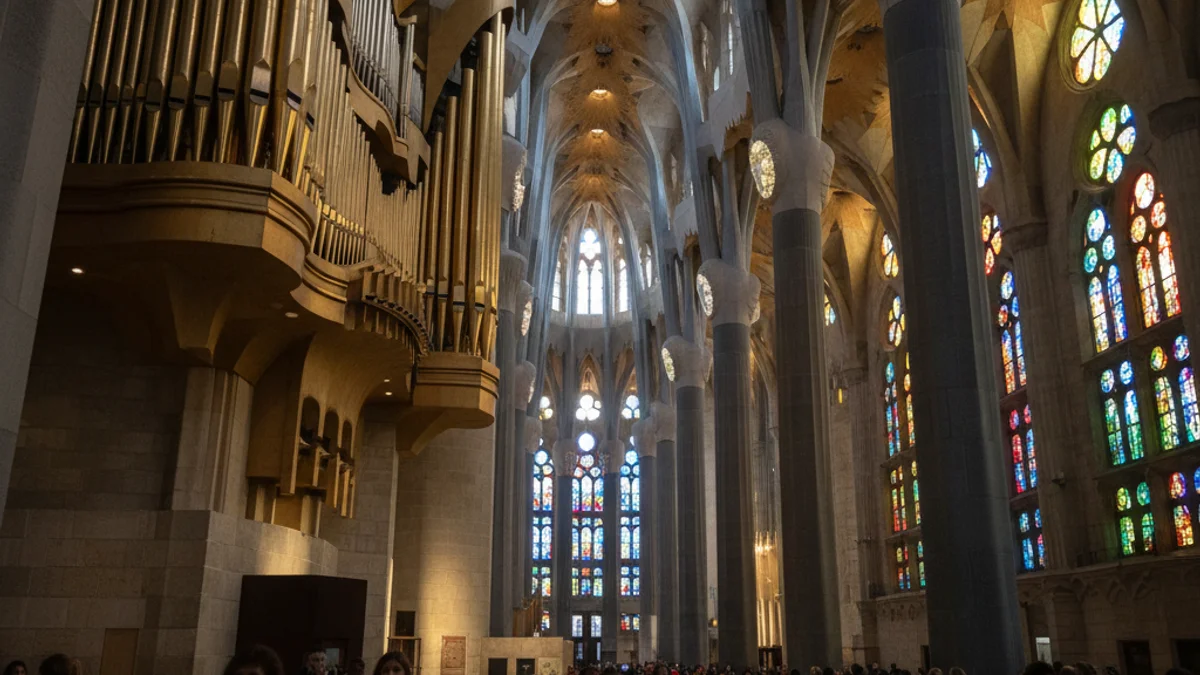 Generic image of the interior of the Sagrada Família basilica focusing on the organ and architecture.