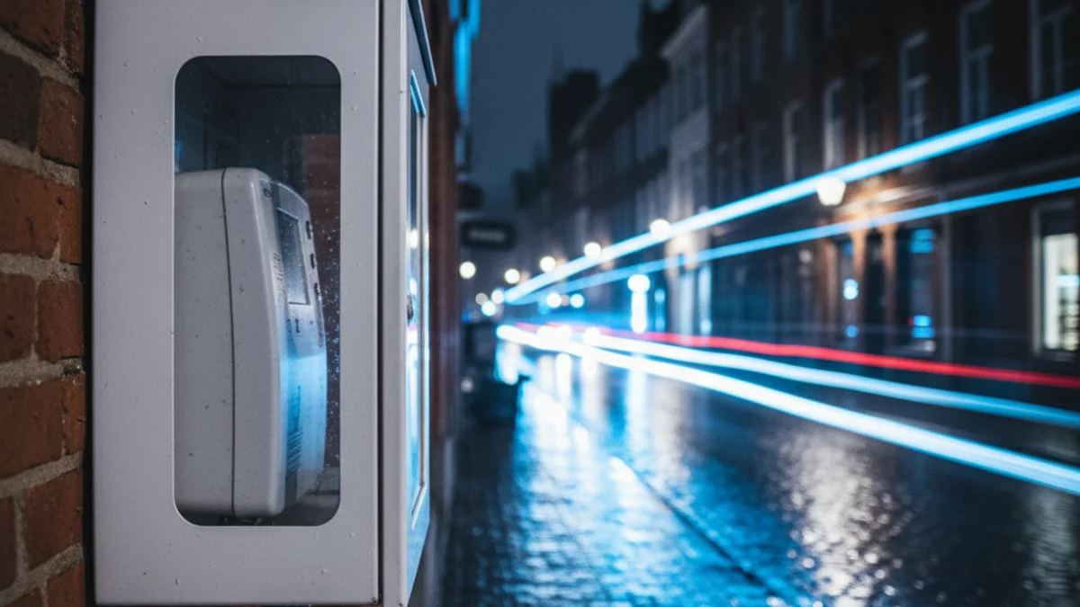 Imatge genèrica d'un desfibril·lador extern automàtic en una paret pública durant la nit.