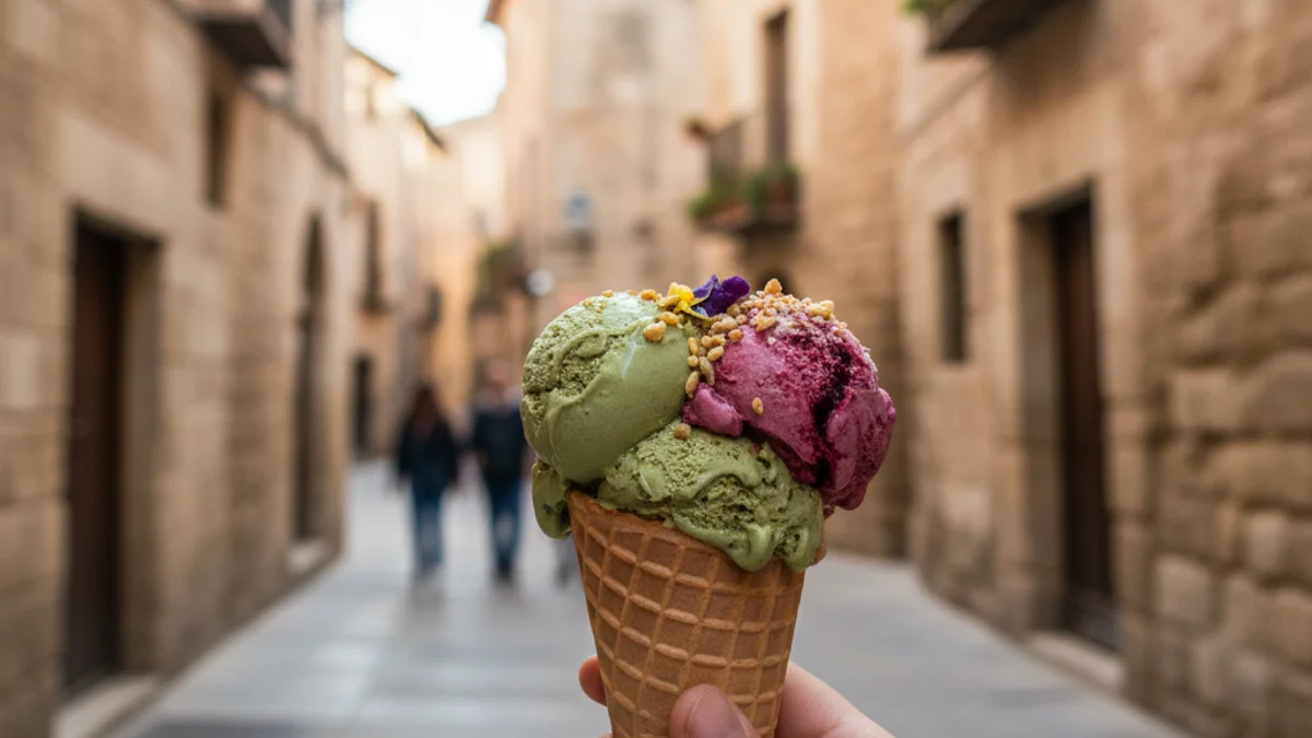 Imatge genèrica d'una gelateria artesana situada al nucli antic d'una ciutat mediterrània.