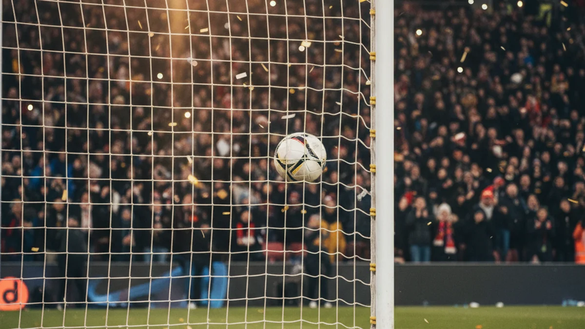 Generic image of a football goal in a lit stadium during an official competition.