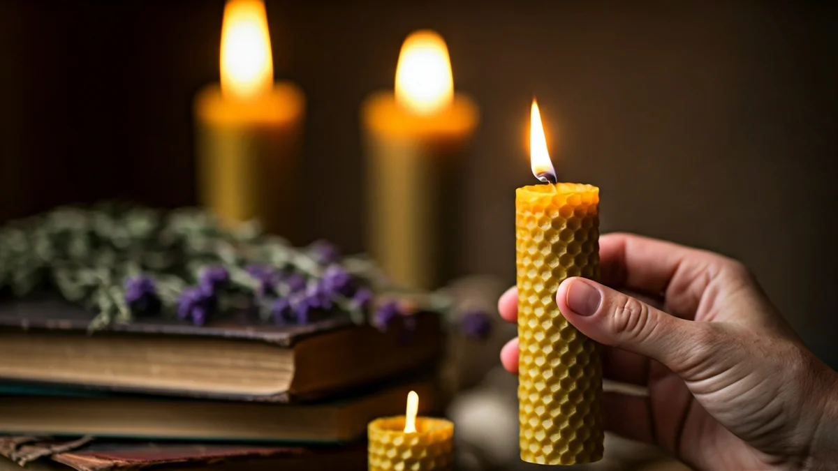 Imagen genérica de una mano sosteniendo una vela de cera, con libros antiguos y hierbas secas al fondo.
