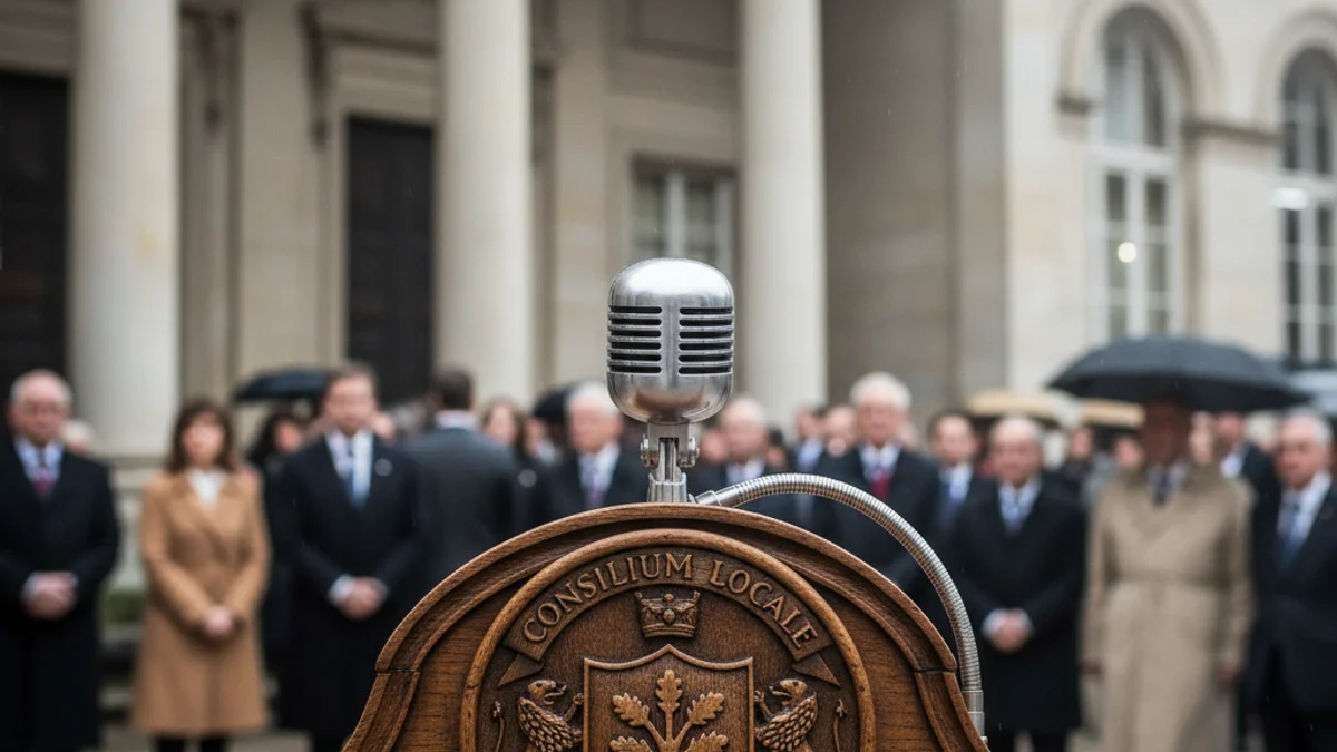 Generic image of a microphone on a podium in a municipal council chamber.