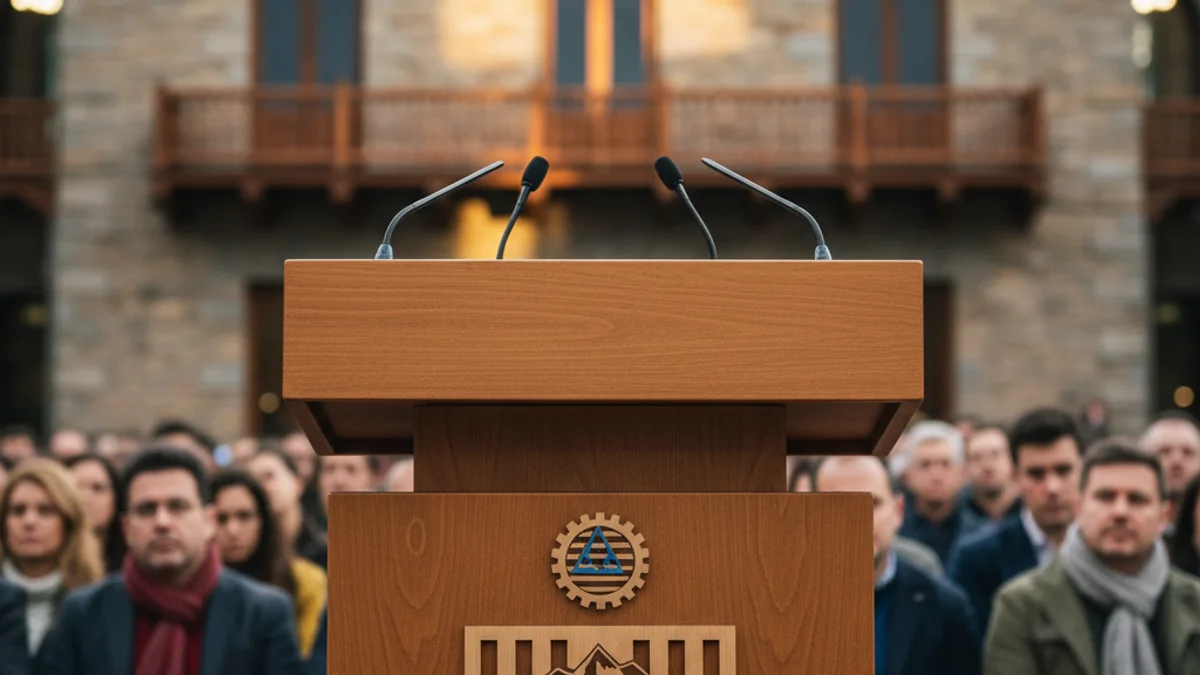 Imatge genèrica d'uns micròfons en un podi durant una conferència política.