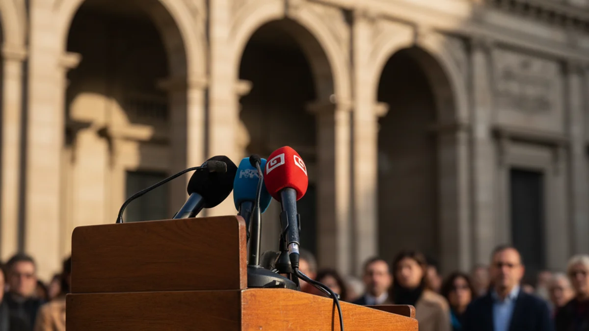 Imagen genérica de un podio con micrófonos frente a una fachada institucional en Barcelona.
