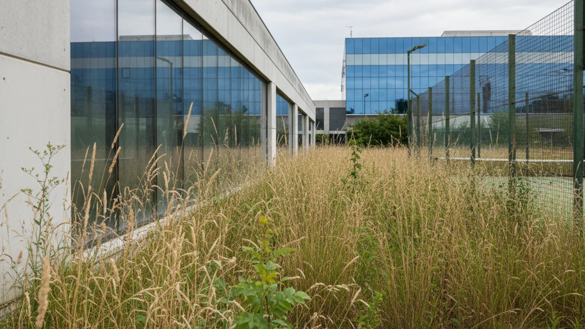 Imatge genèrica d'unes instal·lacions esportives amb falta de manteniment i vegetació alta.