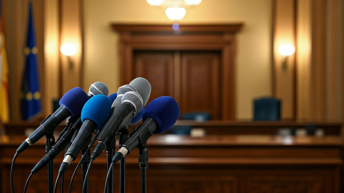 Imatge genèrica d'un faristol amb micròfons en una sala de premsa.