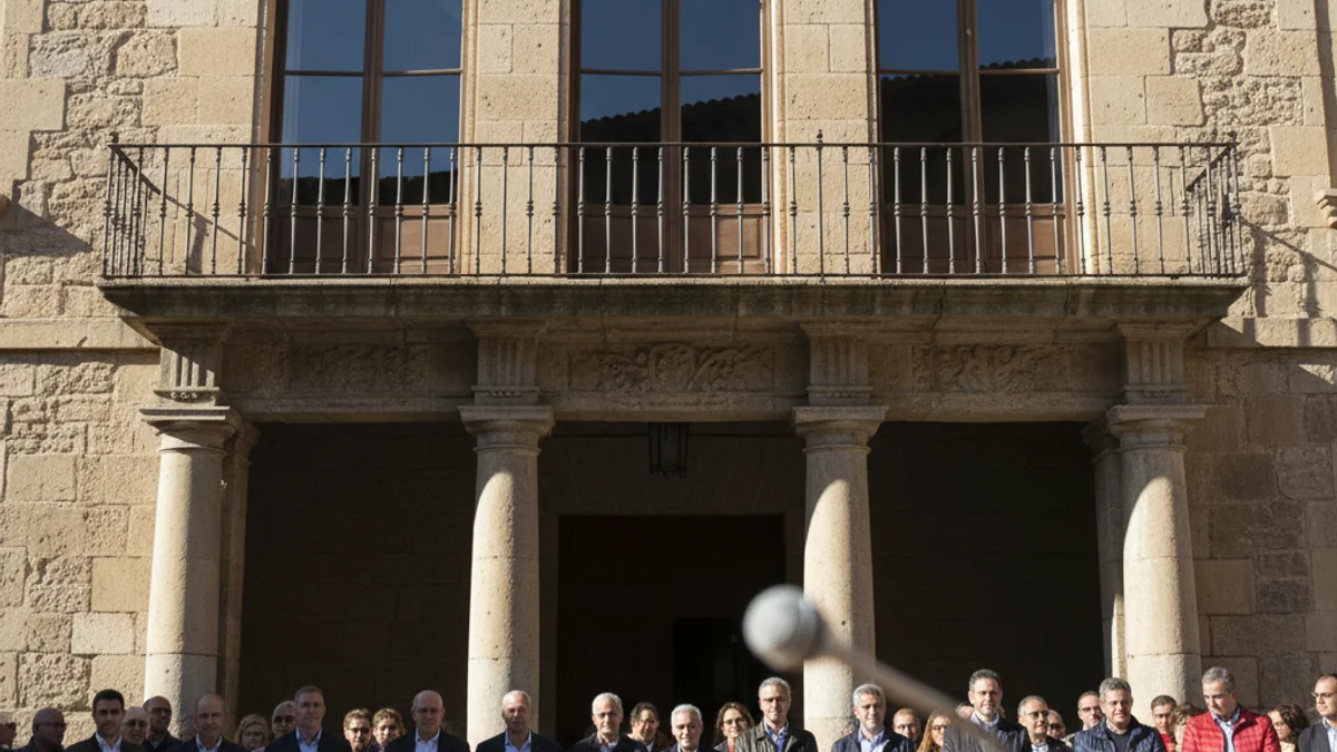 Generic image of a town hall facade with a microphone in the foreground.