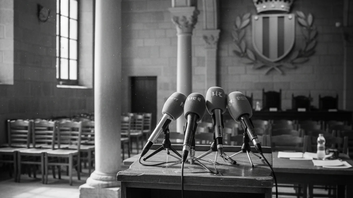 Imatge genèrica d'un podi amb micròfons en una sala institucional d'un ajuntament.