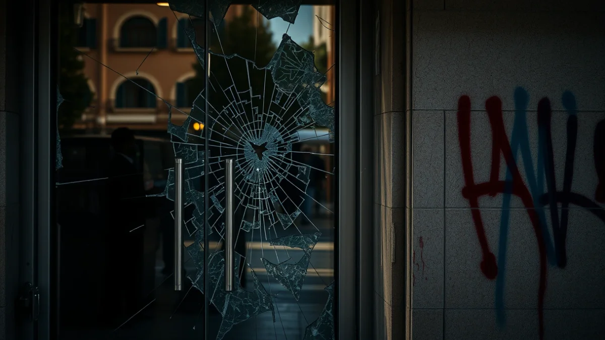 Imagen genérica de los daños causados en un local a pie de calle con cristales rotos y pintadas.