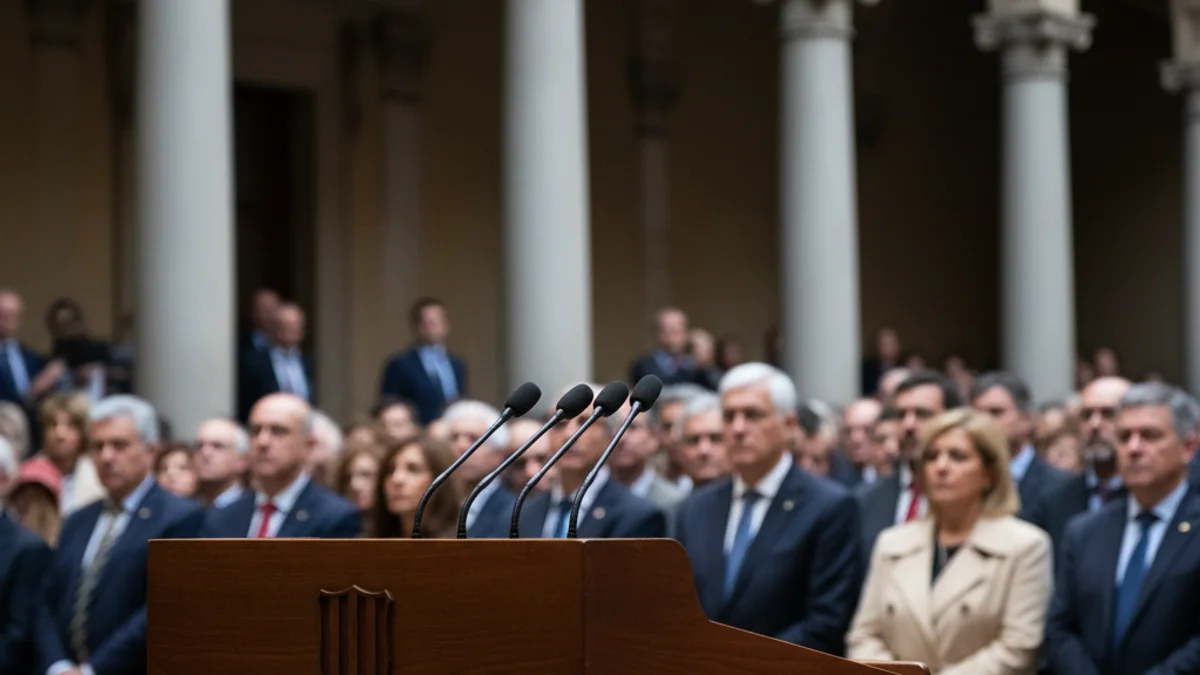 Generic image of microphones on a podium during an institutional press conference.