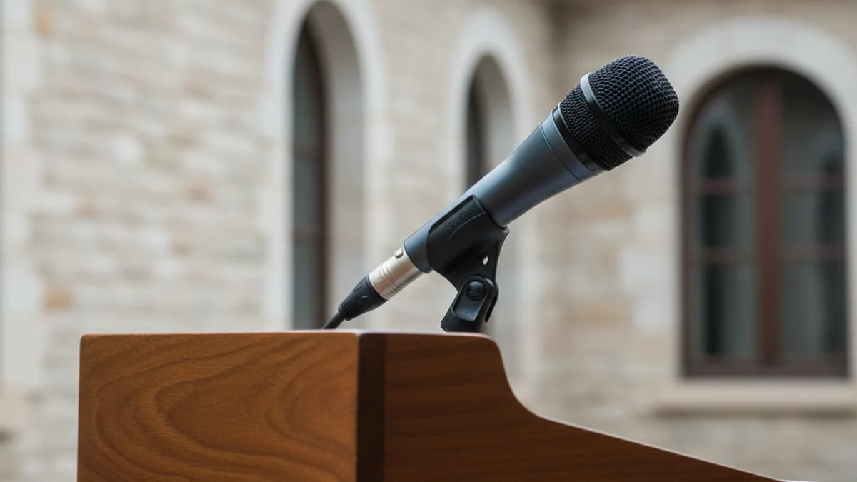 Imatge genèrica d'un micròfon en un podi durant una roda de premsa institucional.