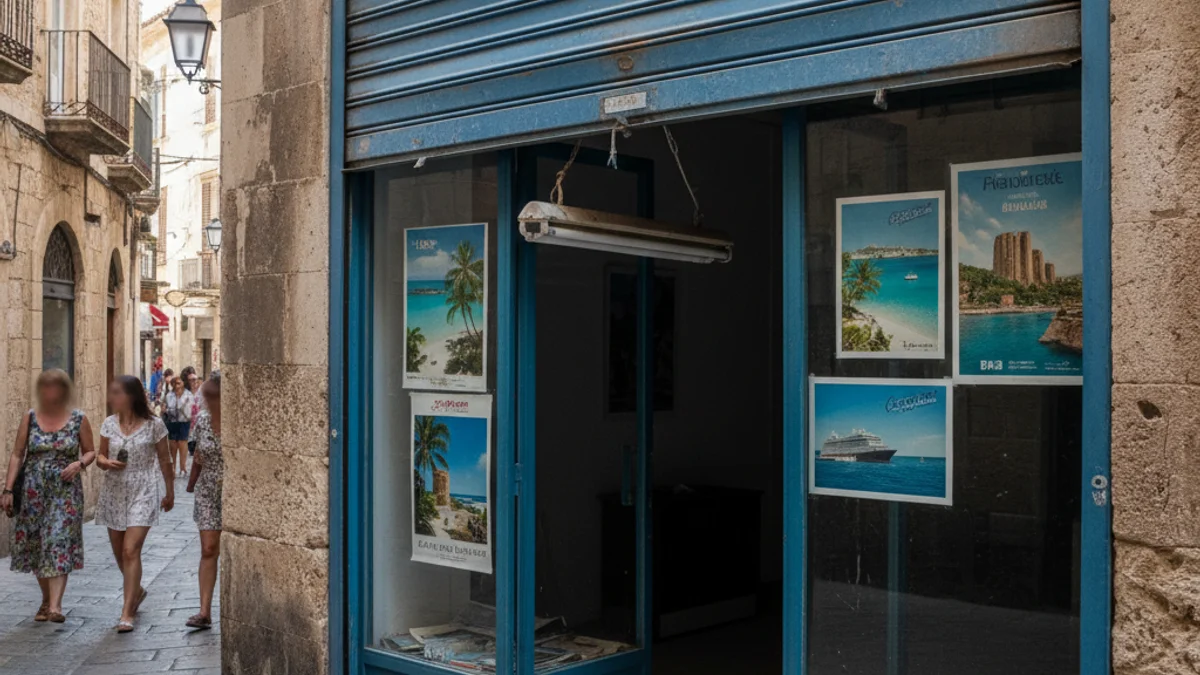 Imatge genèrica de l'aparador d'una agència de viatges amb cartells de destinacions turístiques.