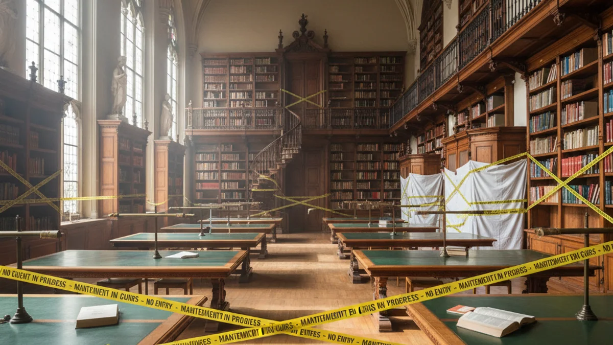 Generic image of a library interior with areas cordoned off for maintenance work.