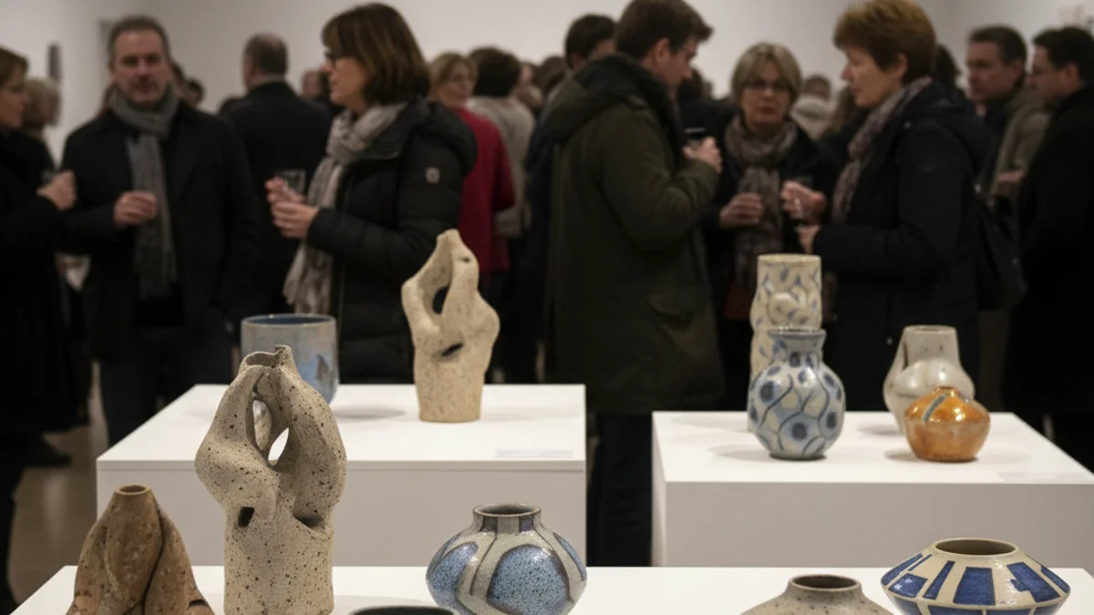 Generic image of a contemporary ceramics exhibition featuring various artistic pieces on pedestals.