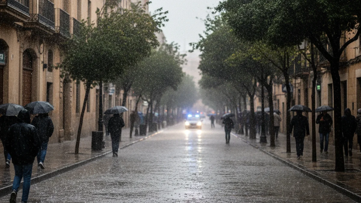 Imagen genérica de una calle bajo una lluvia intensa y viento fuerte durante un temporal.