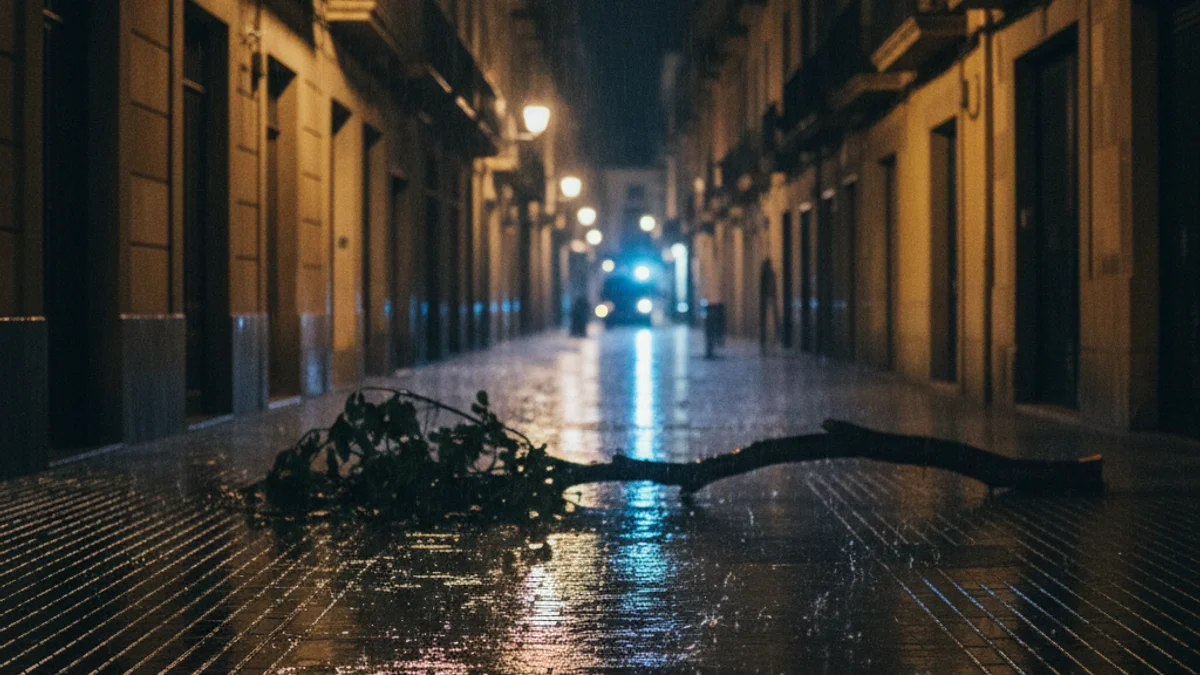 Imatge genèrica d'un carrer inundat per la pluja durant la nit amb llums d'emergència al fons.